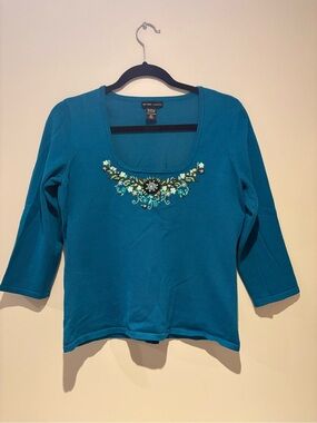New York & Company Teal Embroidered Scoop Neck 3/4 Sleeve Top
